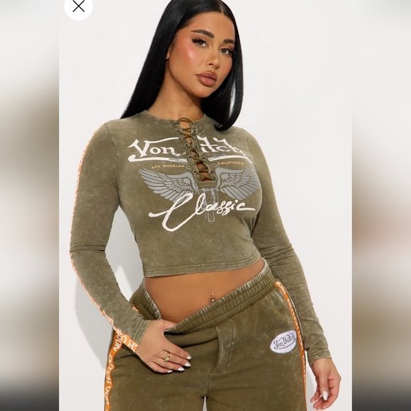 Von Dutch Pants - NWT Von Dutch Olive Green 2-Piece Set – 'Classic' Crop Top & Side-Stripe Joggers